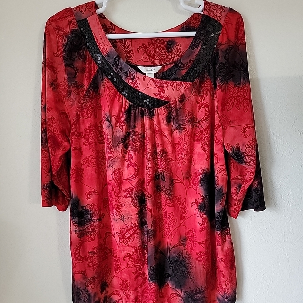 CJ Banks Red and Black Floral Blouse Cocktail Party